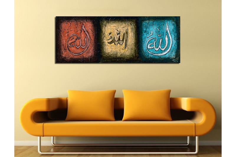 Canvastavla 80x30 cm - Tre paneler med kalligrafiska inskriptioner i olika färger - Röd / Guld / Turkos - Inredning - Tavlor & konst - Canvastavlor