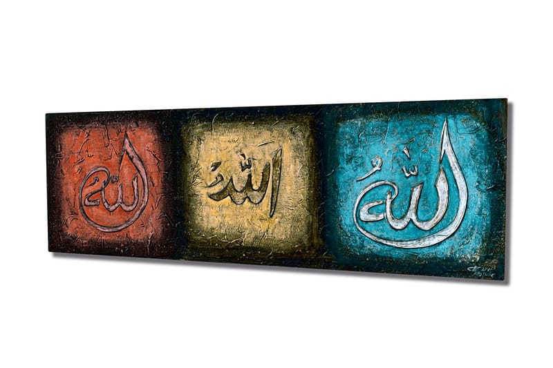 Canvastavla 80x30 cm - Tre paneler med kalligrafiska inskriptioner i olika färger - Röd / Guld / Turkos - Inredning - Tavlor & konst - Canvastavlor