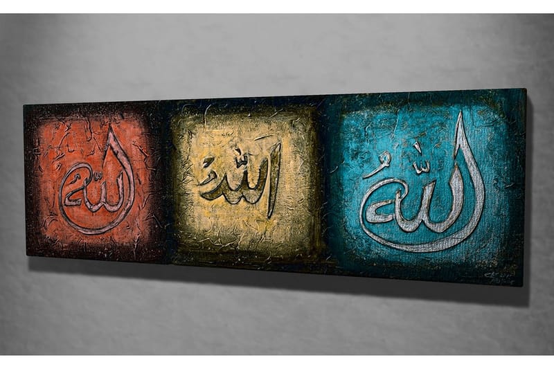 Canvastavla 80x30 cm - Tre paneler med kalligrafiska inskriptioner i olika färger - Röd / Guld / Turkos - Inredning - Tavlor & konst - Canvastavlor