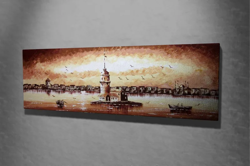 Canvastavla 80x30 cm - Vacker fyr på en ö med en solnedgång i bakgrunden - Beige / Brunt / Vitt - Inredning - Tavlor & konst - Canvastavlor