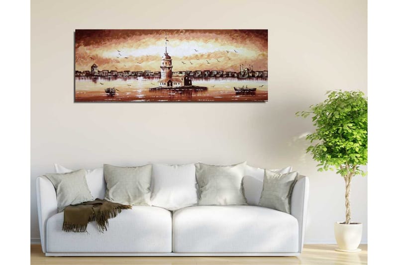 Canvastavla 80x30 cm - Vacker fyr på en ö med en solnedgång i bakgrunden - Beige / Brunt / Vitt - Inredning - Tavlor & konst - Canvastavlor