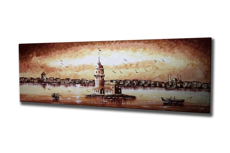 Canvastavla 80x30 cm - Vacker fyr på en ö med en solnedgång i bakgrunden - Beige / Brunt / Vitt - Inredning - Tavlor & konst - Canvastavlor