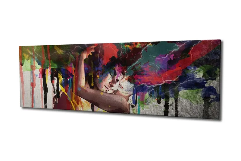 Canvastavla 80x30 cm - Passionerad omfamning med färgglada explosioner av färg runtomkring - Röd / Grön / Blå - Inredning - Tavlor & konst - Canvastavlor