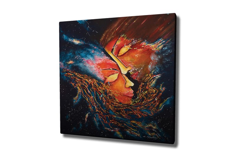 Canvastavla - Abstrakt komposition med ansikten som smälter samman i en kosmisk miljö, Röd / Orange / Svart