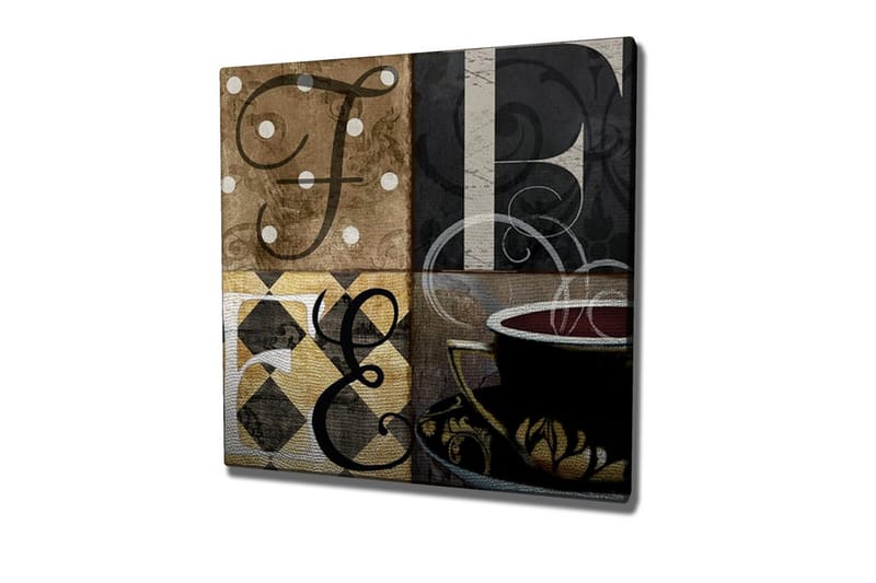 Canvastavla - Abstrakt komposition med bokstäver och en kaffekopp, Brun / Svart / Guld
