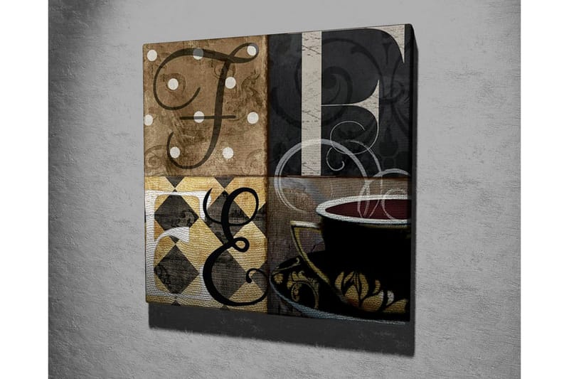 Canvastavla - Abstrakt komposition med bokstäver och en kaffekopp - Brun / Svart / Guld - Inredning - Tavlor & konst - Canvastavlor