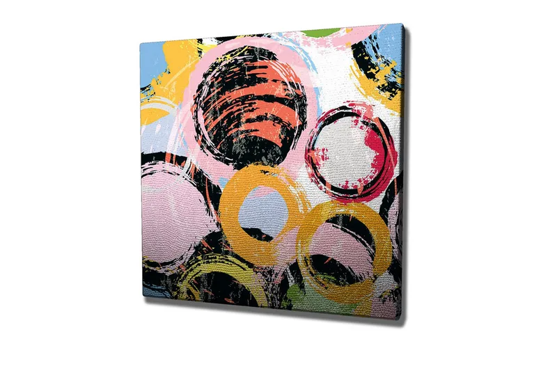 Canvastavla - Abstrakt komposition med cirklar i olika färger, Svart / Rosa / Gul