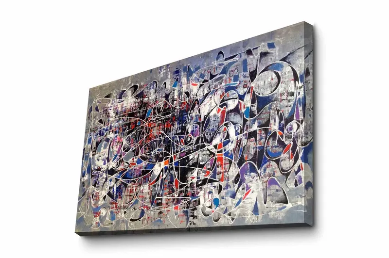 Canvastavla - Abstrakt komposition med dynamiska linjer och former, Mörkblå / Röd / Vit