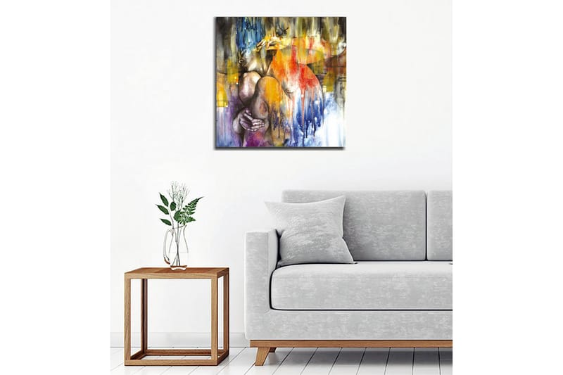 Canvastavla - Abstrakt komposition med en kvinna som omfamnar sig själv - Blå / Orange / Lila - Inredning - Tavlor & konst - Canvastavlor