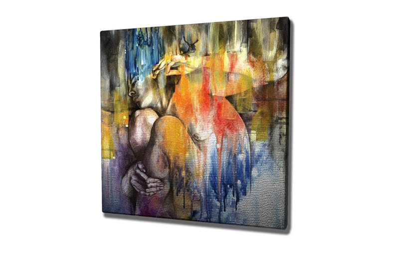 Canvastavla - Abstrakt komposition med en kvinna som omfamnar sig själv, Blå / Orange / Lila