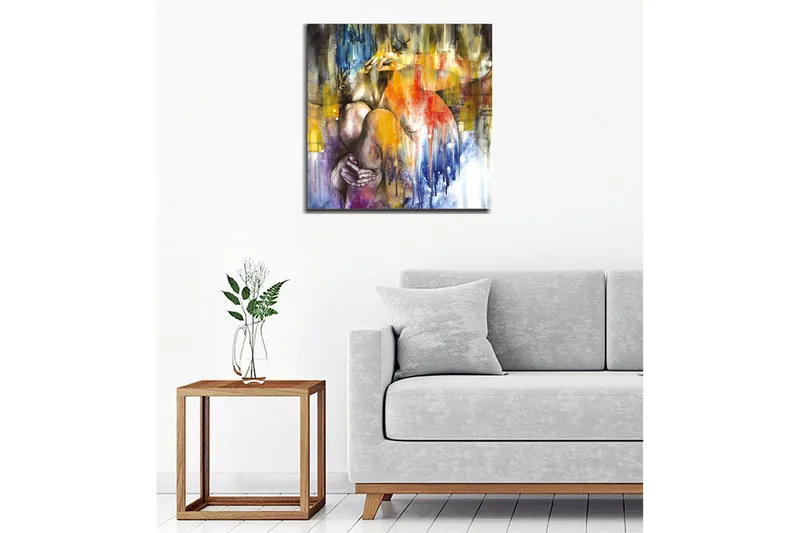 Canvastavla - Abstrakt komposition med en kvinna som omfamnar sig själv - Blå / Orange / Lila - Inredning - Tavlor & konst - Canvastavlor