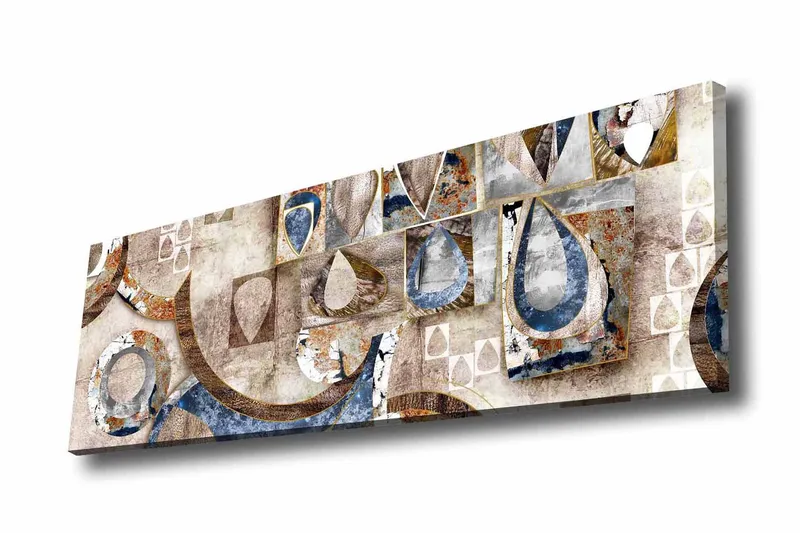 Canvastavla - Abstrakt komposition med geometriska former och droppar, Blå / Beige / Brun