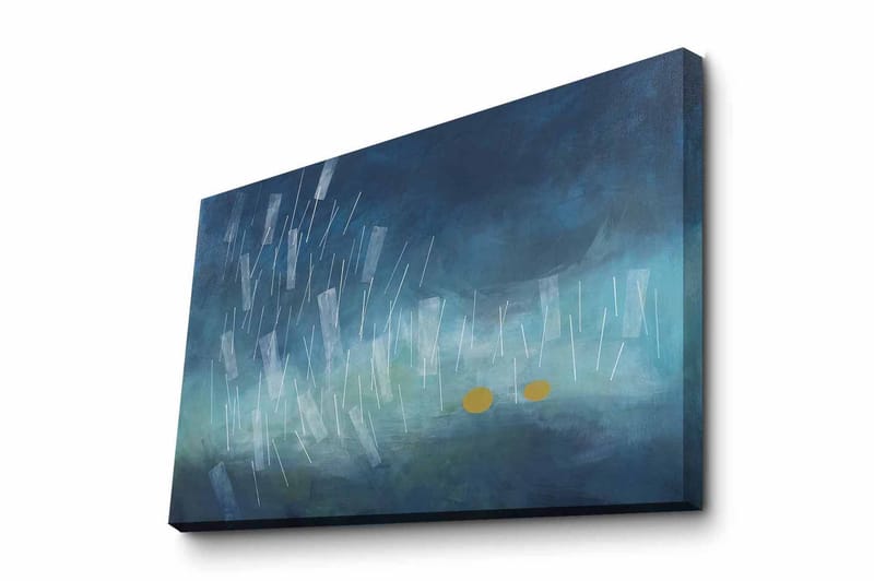 Canvastavla - Abstrakt komposition med regndroppar och gyllene cirklar, Mörkblå / Ljusblå / Gul