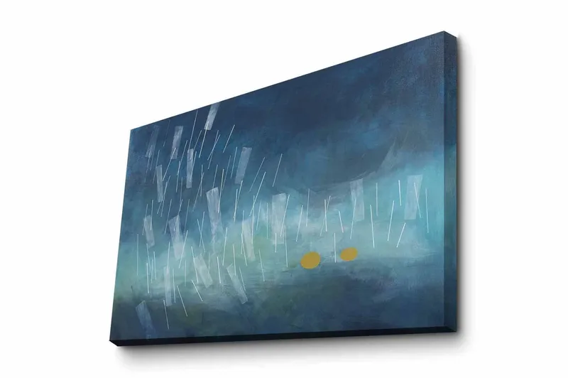 Canvastavla - Abstrakt komposition med regndroppar och gyllene cirklar, Mörkblå / Ljusblå / Gul