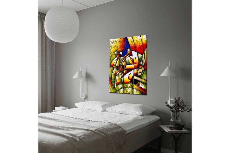 Canvastavla - Abstrakt komposition med två figurer som håller i en cirkel - Grön / Röd / Gul - Inredning - Tavlor & konst - Canvastavlor