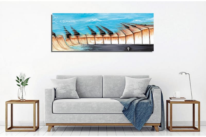 Canvastavla - Abstrakt landskap med en sjö och geometriska former - Blå / Beige / Svart - Inredning - Tavlor & konst - Canvastavlor