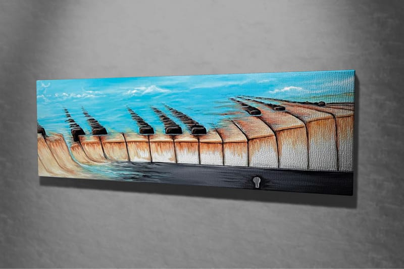 Canvastavla - Abstrakt landskap med en sjö och geometriska former - Blå / Beige / Svart - Inredning - Tavlor & konst - Canvastavlor