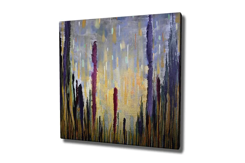 Canvastavla - Abstrakt landskap med vertikala former, Lila / Guld / Grön