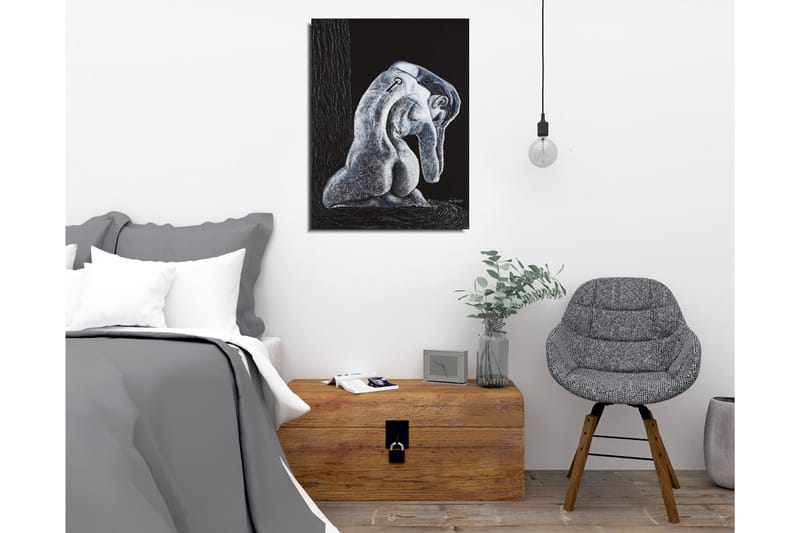 Canvastavla - Abstrakt skulptur av en sittande figur med en nyckel på ryggen - Svart / Grå / Vit - Inredning - Tavlor & konst - Canvastavlor