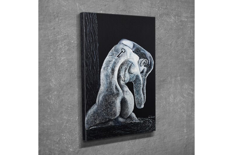 Canvastavla - Abstrakt skulptur av en sittande figur med en nyckel på ryggen - Svart / Grå / Vit - Inredning - Tavlor & konst - Canvastavlor