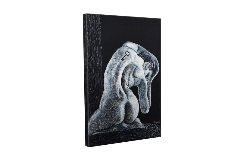 Canvastavla - Abstrakt skulptur av en sittande figur med en nyckel på ryggen, Svart / Grå / Vit