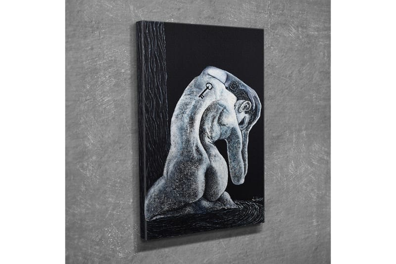 Canvastavla - Abstrakt skulptur av en sittande figur med en nyckel på ryggen - Svart / Grå / Vit - Inredning - Tavlor & konst - Canvastavlor