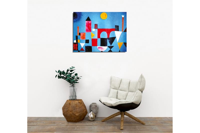 Canvastavla - Abstrakt stadslandskap med geometriska former och färgglada byggnader - Blå / Röd / Svart - Inredning - Tavlor & konst - Canvastavlor