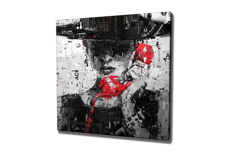 Canvastavla - Abstrakt porträtt med en röd telefon och grafiska element, Röd / Svart / Vit