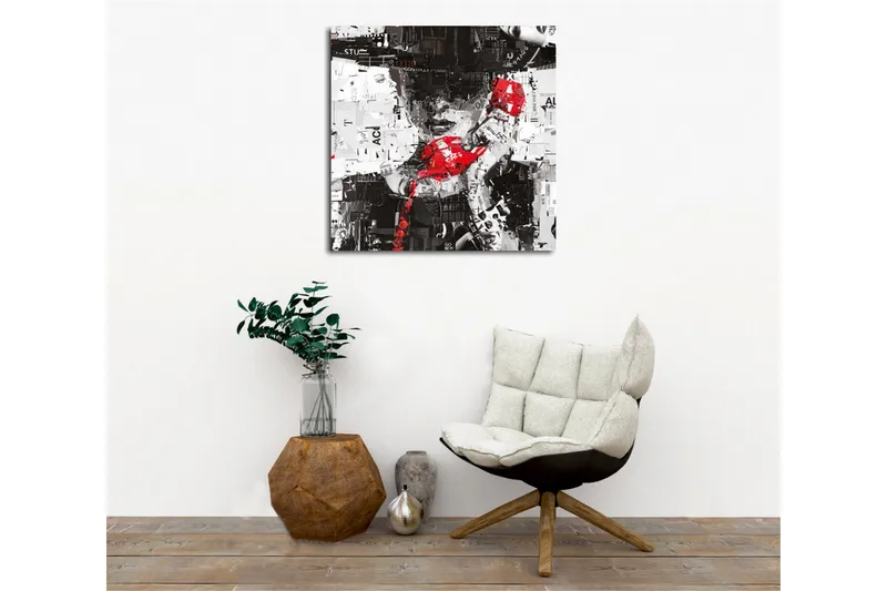 Canvastavla - Abstrakt porträtt med en röd telefon och grafiska element - Röd / Svart / Vit - Inredning - Tavlor & konst - Canvastavlor