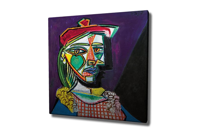 Canvastavla - Abstrakt porträtt av en kvinna med geometriska former, Grön / Röd / Lila