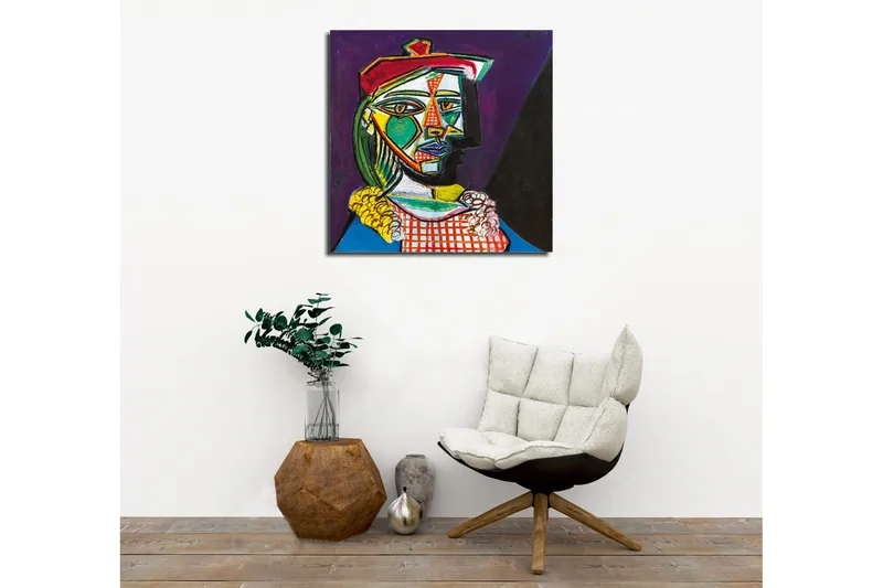 Canvastavla - Abstrakt porträtt av en kvinna med geometriska former - Grön / Röd / Lila - Inredning - Tavlor & konst - Canvastavlor