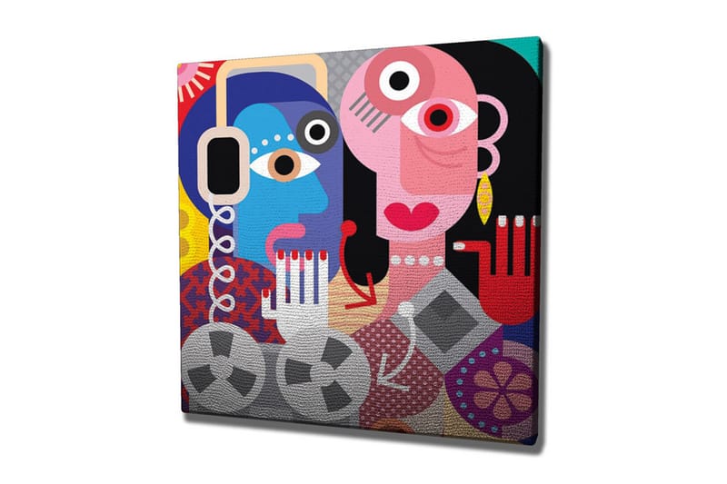 Canvastavla - Abstrakt porträtt av två ansikten med färgglada detaljer, Blå / Rosa / Röd