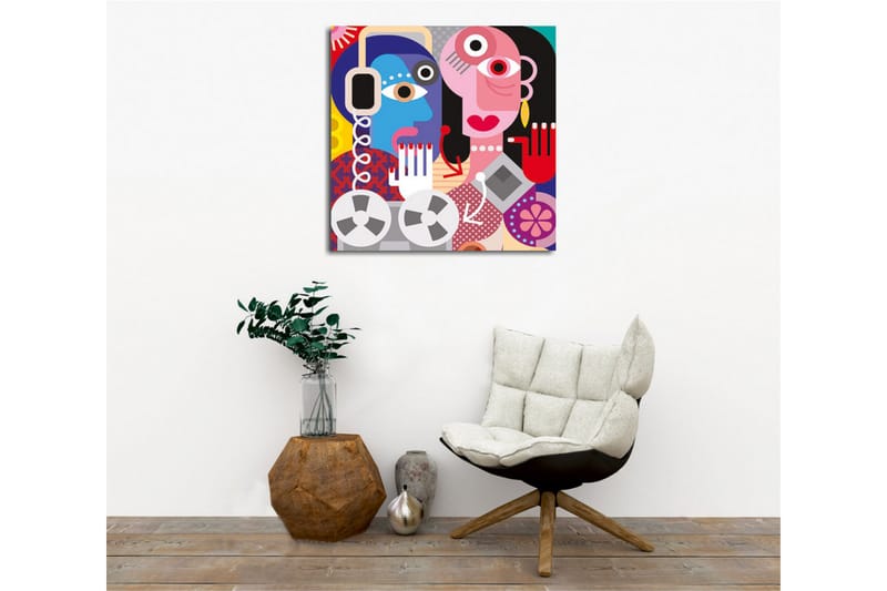 Canvastavla - Abstrakt porträtt av två ansikten med färgglada detaljer - Blå / Rosa / Röd - Inredning - Tavlor & konst - Canvastavlor