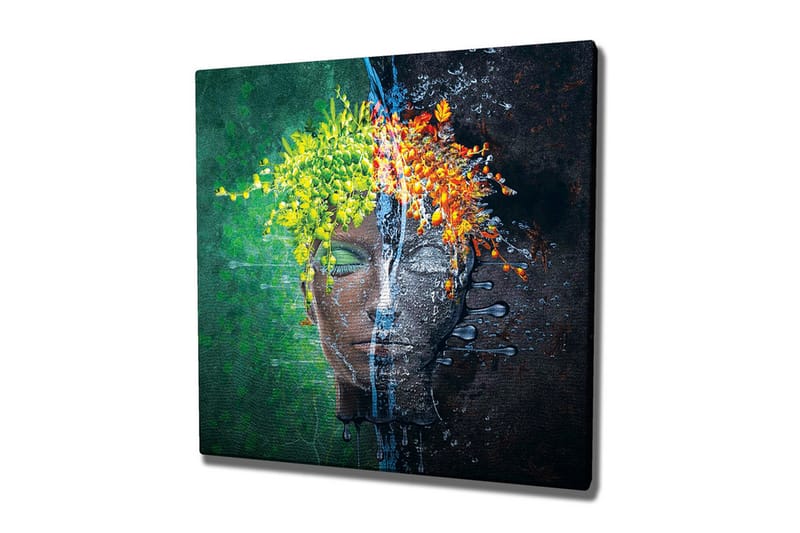 Canvastavla - Ansikte med blomsterkrans i kontrasterande färger, Grön / Gul / Orange