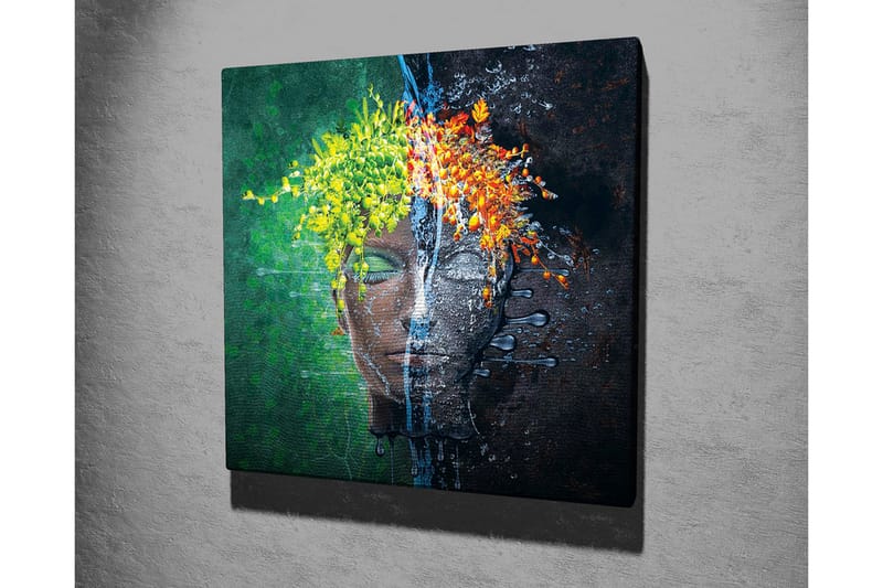 Canvastavla - Ansikte med blomsterkrans i kontrasterande färger - Grön / Gul / Orange - Inredning - Tavlor & konst - Canvastavlor