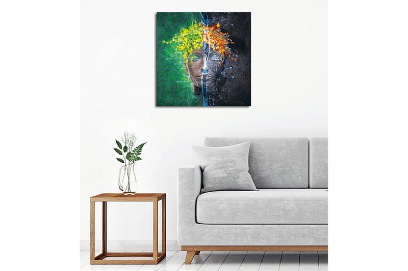 Canvastavla - Ansikte med blomsterkrans i kontrasterande färger - Grön / Gul / Orange - Inredning - Tavlor & konst - Canvastavlor