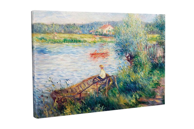 Canvastavla - Avkopplande scen vid en sjö med en person i båt och omgivande grönska, Grön / Blå / Beige