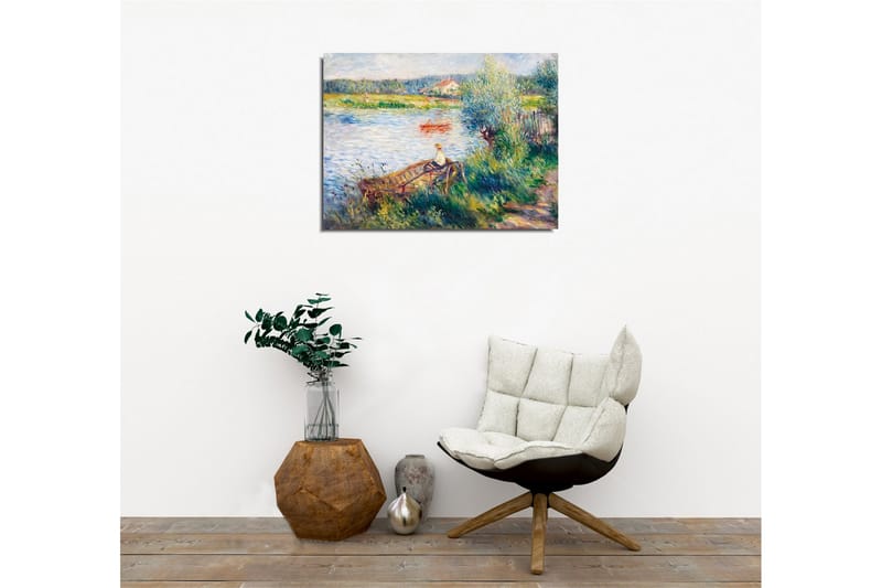Canvastavla - Avkopplande scen vid en sjö med en person i båt och omgivande grönska - Grön / Blå / Beige - Inredning - Tavlor & konst - Canvastavlor