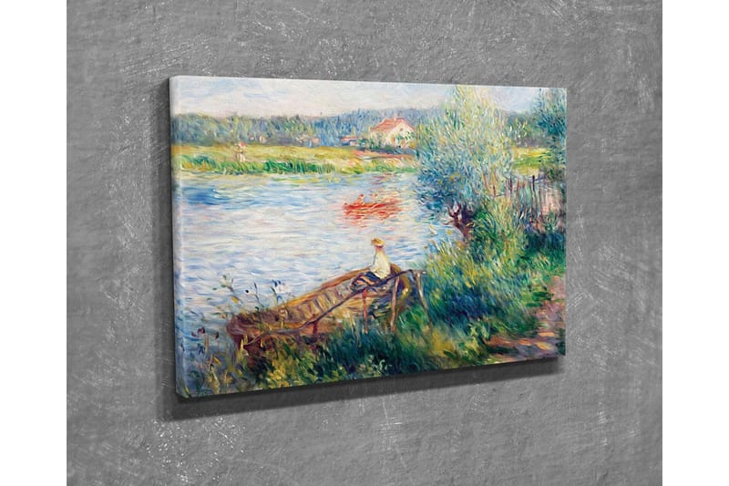 Canvastavla - Avkopplande scen vid en sjö med en person i båt och omgivande grönska - Grön / Blå / Beige - Inredning - Tavlor & konst - Canvastavlor