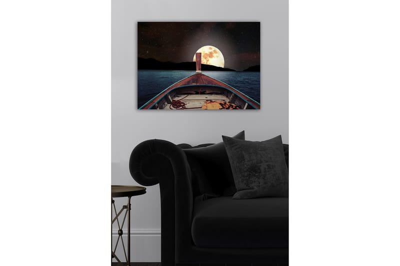 Canvastavla - Båt som navigerar mot en stor fullmåne över en stilla sjö - Mörkblå / Grå / Orange - Inredning - Tavlor & konst - Canvastavlor
