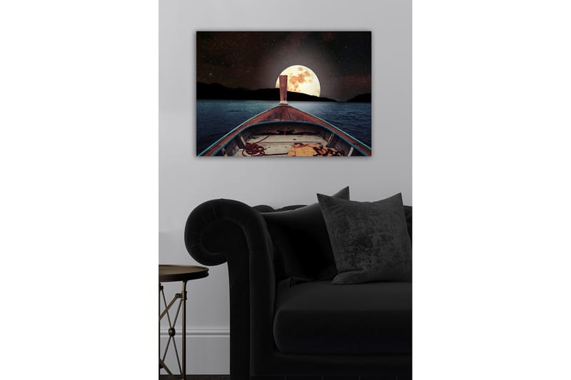 Canvastavla - Båt som navigerar mot en stor fullmåne över en stilla sjö - Mörkblå / Grå / Orange - Inredning - Tavlor & konst - Canvastavlor