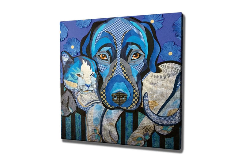 Canvastavla - Blå hund och katt i en lekfull komposition, Blå / Vit / Svart