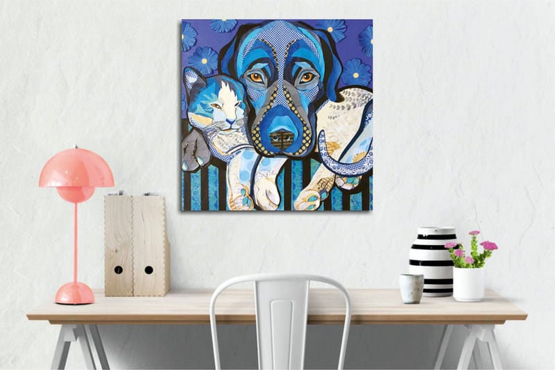 Canvastavla - Blå hund och katt i en lekfull komposition - Blå / Vit / Svart - Inredning - Tavlor & konst - Canvastavlor