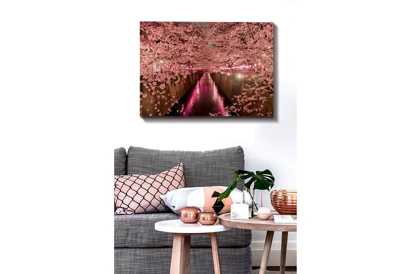 Canvastavla - Blommande körsbärsträd vid en kanal - Rosa / Grön / Lila - Inredning - Tavlor & konst - Canvastavlor