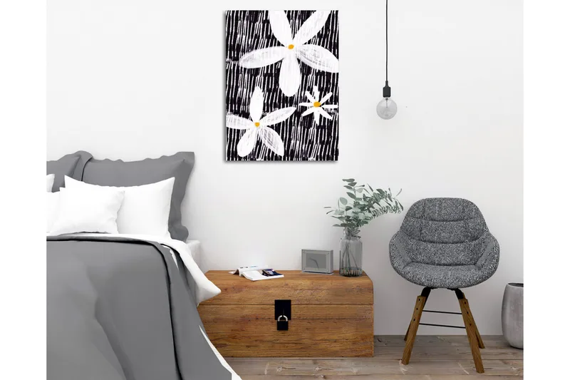 Canvastavla - Blommor i vitt och gult mot en svart bakgrund - Vit / Svart / Gul - Inredning - Tavlor & konst - Canvastavlor