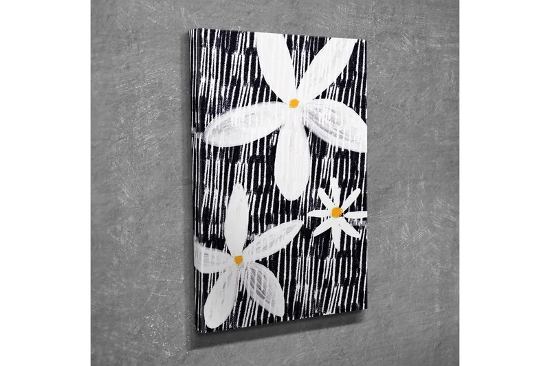 Canvastavla - Blommor i vitt och gult mot en svart bakgrund - Vit / Svart / Gul - Inredning - Tavlor & konst - Canvastavlor