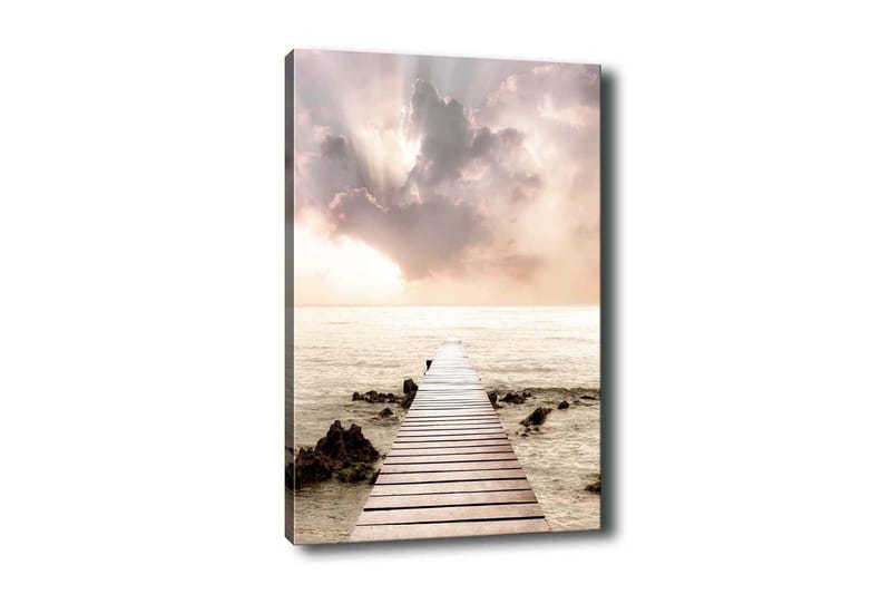 Canvastavla - Brygga som sträcker sig ut över havet under en ljus himmel, Ljusrosa / Beige / Grå