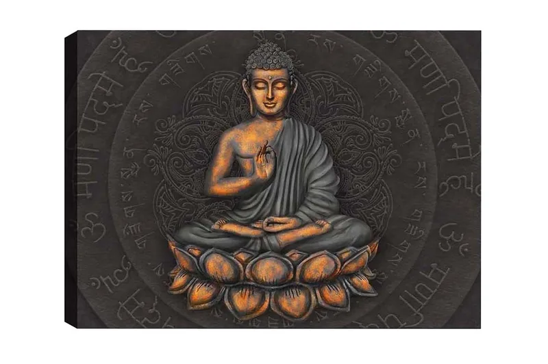 Canvastavla - Buddha i meditationsställning på en lotusblomma, Grå / Orange / Svart