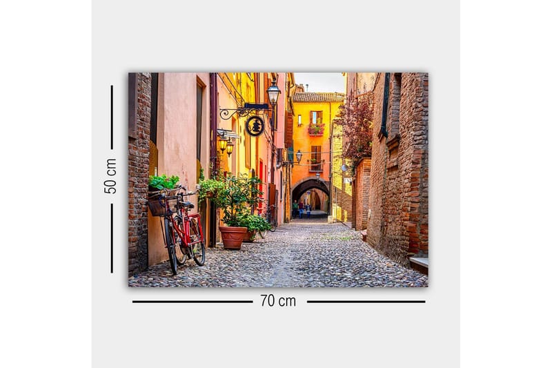 Canvastavla - Charmig gata med cykel och färgglada byggnader - Orange / Grön / Röd - Inredning - Tavlor & konst - Canvastavlor
