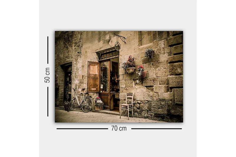 Canvastavla - Charmig gatumiljö med en cykel och en öppen dörr till en butik - Beige / Brunt / Grönt - Inredning - Tavlor & konst - Canvastavlor